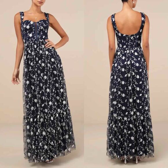 Lulus Gala Invite Navy Blue Embroidered Tulle Bustier Maxi Dress Large - Picture 6 of 8
